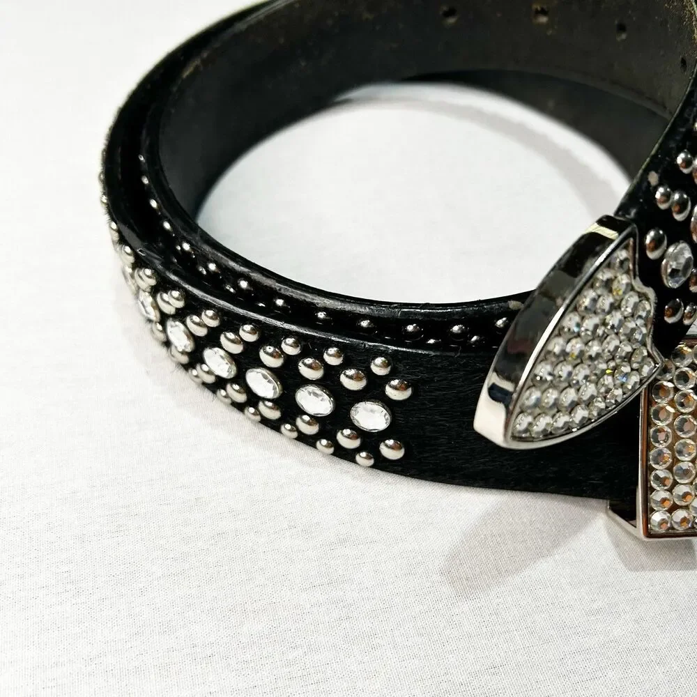 BB Simon Calf-hair Belt Dark Brown with Swarovski Crystals and Silver Studs